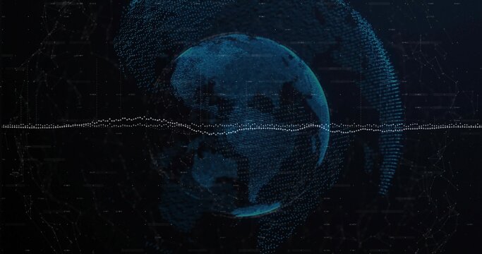 Rotating blue dotted globe pulsing in virtual space, with white waveform and node network