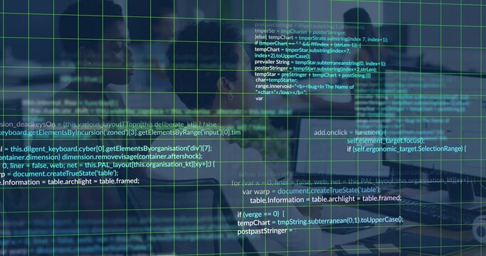 Displaying translucent green grid at center of virtual scene, showing code text and UI panels