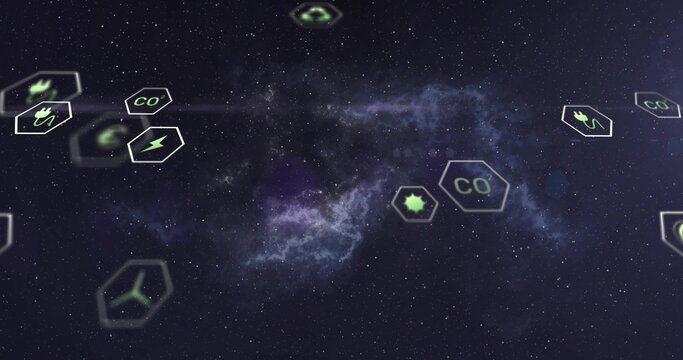 Floating central nebula and hexagonal badges drifting across deep space, showing neon CO2 icons