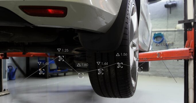 Showing white car revealing rear-right wheel, spring at garage with orange lift-arms, AR overlay