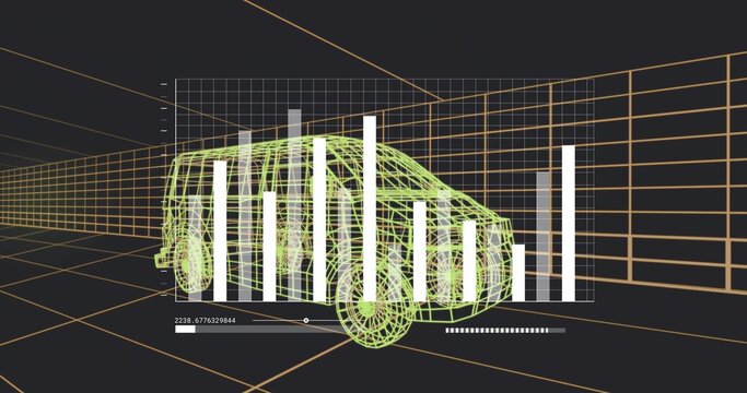 Showing neon green wireframe car model rotating in orange grid, with white bar-chart columns