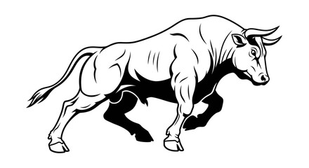 Fototapeta premium Powerful Bull Charging Forward, Strong Muscle Animal, Black and White Vector Art