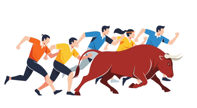 People Running From Bull, Concept of Danger, Challenge, Stock Market Crash