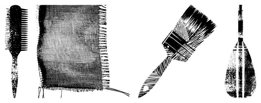Black and white halftone illustration of grooming, textile, artistic, and nautical implements includes bristle brush, woven fabric sample, artist&rsquo;s brush, oar.