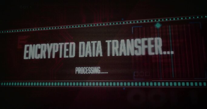 Displaying banner showing ENCRYPTED DATA TRANSFER and PROCESSING on screen, 3 boxes, cyan borders