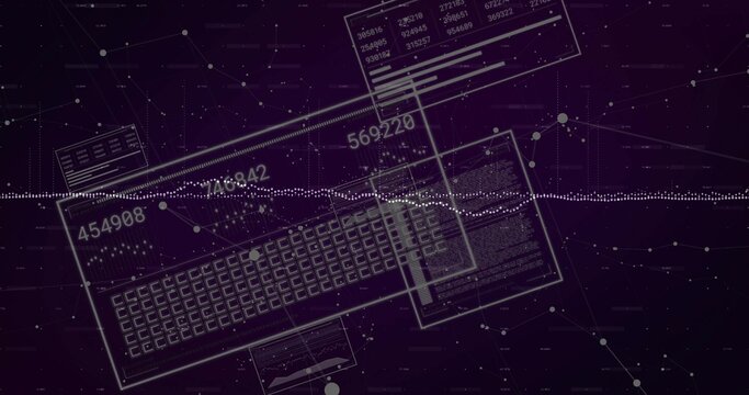 Floating wireframe keyboard rotating in data panel with clear docs IDs dotted trace and nodes