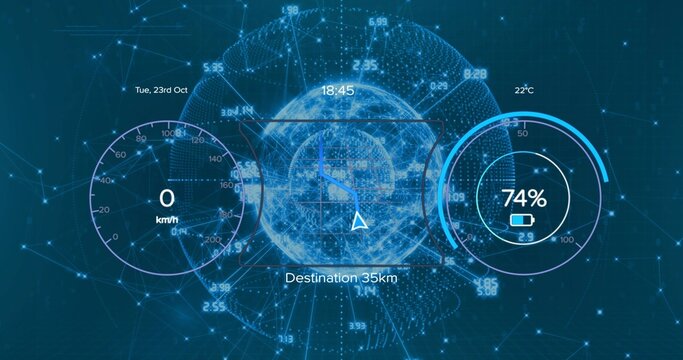 Displaying holo globe with nav pointer on HUD, 18:45 Destination 35km, speed 0 km or h, battery 74%