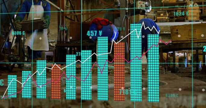 Showing translucent data overlay covering workshop, two workers in apron and gloves inspecting gear