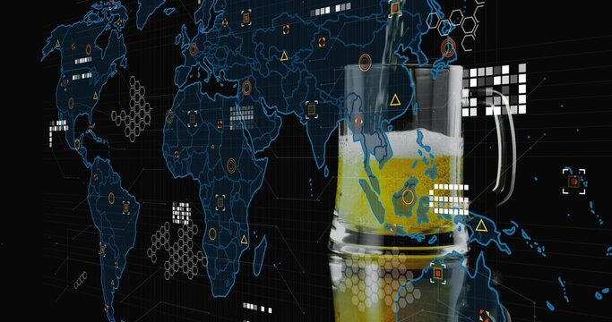 Displaying clear glass mug containing amber beverage and foam on dark data map surface, copy space