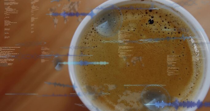 Displaying white ceramic cup of espresso on warm wooden tabletop, showing crema, waveform overlays