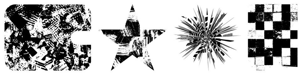 Obraz premium Rugged graphic elements featuring halftone noise, distressed, and stylized cutouts ideal for urban design, punk aesthetics, or vintage branding. weathered, worn stencils.