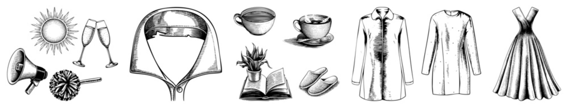 Engraved style vector of daily life objects sunburst, wine glasses, megaphone, collar, teacup, plant, book, slippers, coat, dress. Retro art graphics.