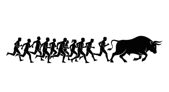 Silhouette of People Running from a Charging Bull