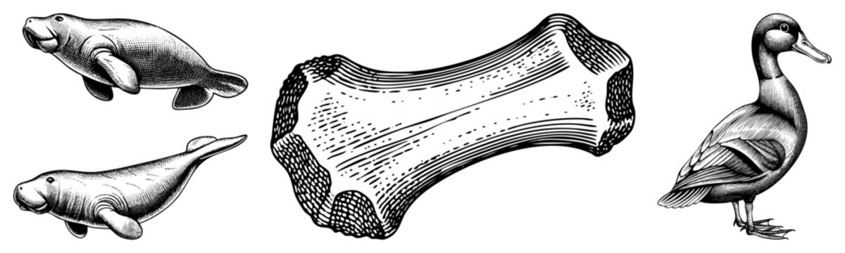 Classic engraved wildlife depiction featuring sea cows, waterfowl, and skeletal anatomy marine mammals, avian figure, osteological structure rendered in antique print style.