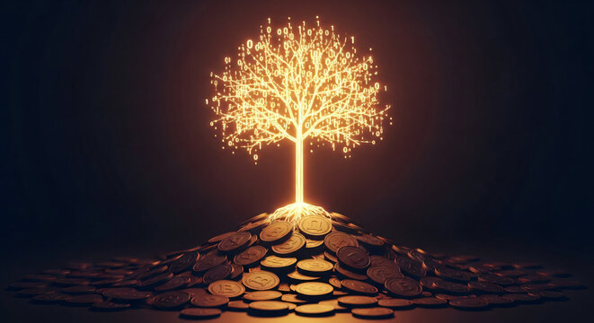Glowing Digital Binary Tree Growing From Pile Of Golden Coins