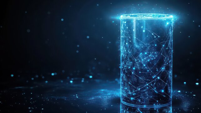 Futuristic glowing energy storage battery with blue circuits and neon lights in dark background