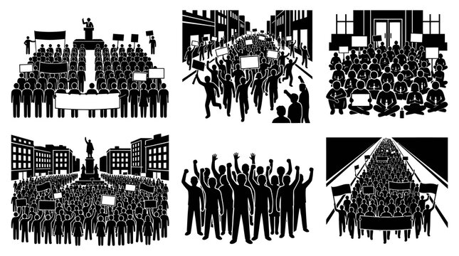 Black and White Silhouettes of Protests, Riots, Marches, and Demonstrations