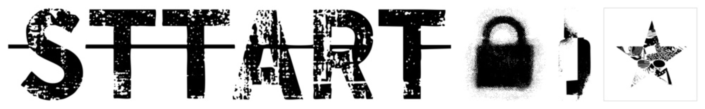 Distressed typography with pixelated halftone rugged lettering, gritty design, worn out aesthetic, urban street art style, stencil font alternative.