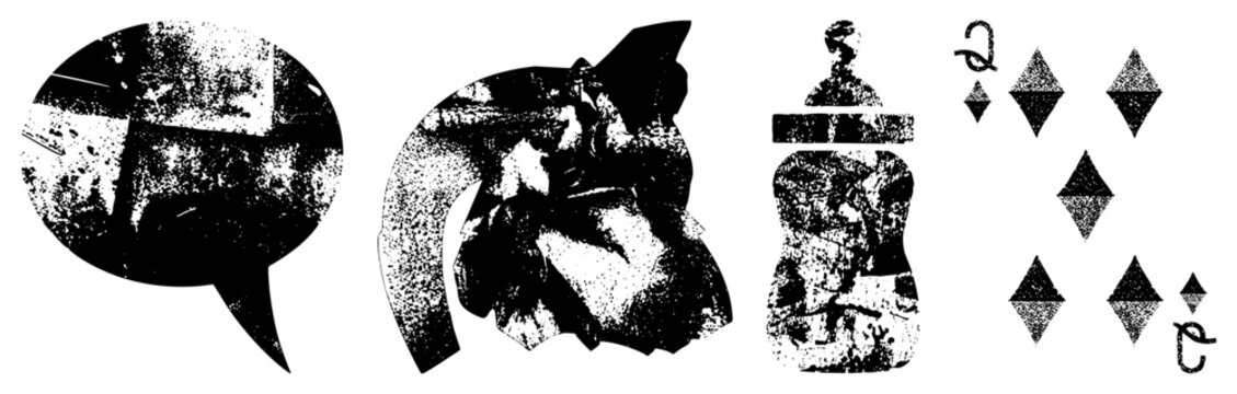 Distressed graphic elements including chat bubble, organic abstract form, bottle silhouette, and diamond suit ideal for vintage layouts or punk zine designs.