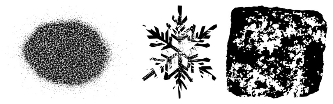 Stylized snowflake in halftone print, pixelated circular gradient, grunge texture block ideal for winter design, holiday motifs, graphic.