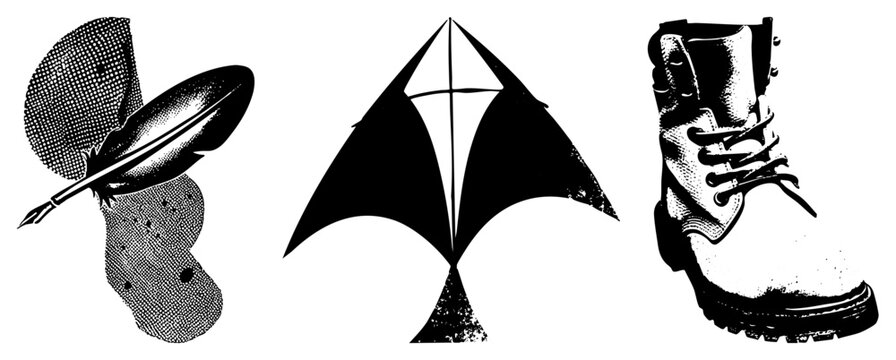 Stylized vector with halftone quill, geometric kite, and combat boot ideal for emblems or print. nib pen, military footwear, stylized.