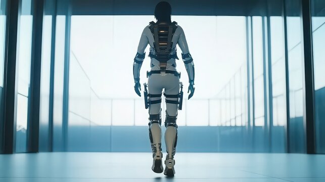 Person wearing futuristic exoskeleton suit walking in modern building with large windows