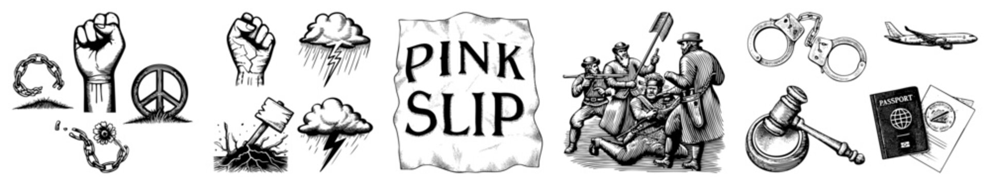 Activist for resistance, unrest, legal confrontation solidarity fist, liberation, dismissal notice, judicial tools. dissident motifs, civil unrest emblems.