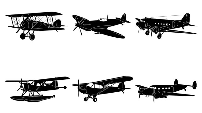 Black and white silhouette vector of 6 vintage aircraft