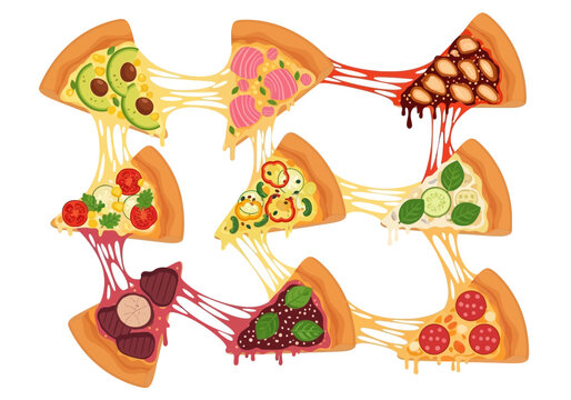 Delicious vector illustration of cheesy pizza slices with various toppings in a playful arrangement