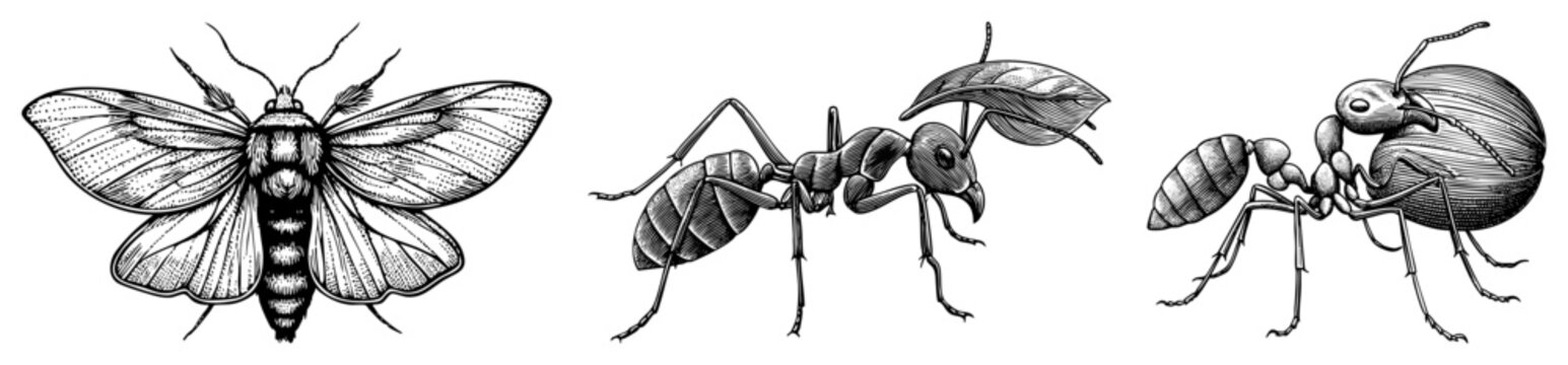 Intricate art depicting a moth and two leafcutter ants, showcasing entomological precision also known as insect engraving or scientific bug illustration.