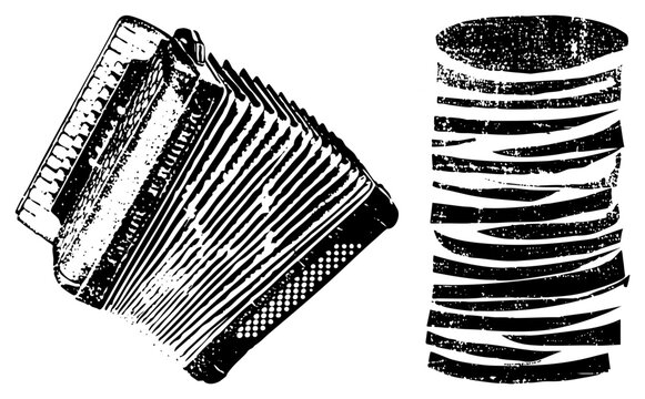 Hand drawn bandoneon graphic, squeezebox in distressed style ideal for folk music branding, retro posters, or cultural festival designs.