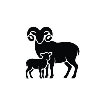 A striking silhouette of a ram and its lamb facing right