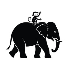 Fototapeta premium An elephant carries a joyful monkey on its back in black