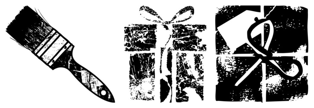 Distressed graphic symbols including brush tool, present package, cutting shears ideal for design assets, kits, or DIY branding elements.