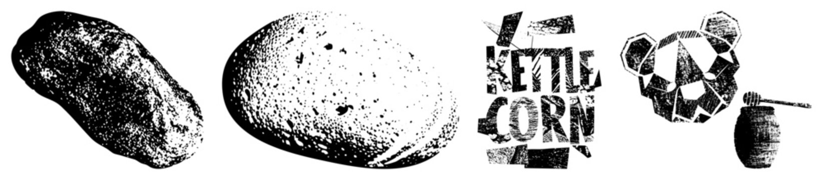 Popcorn snack depicted in stippled halftone style, kettle corn graphic with honey dipper, vintage food illustration, retro snack branding, print design.