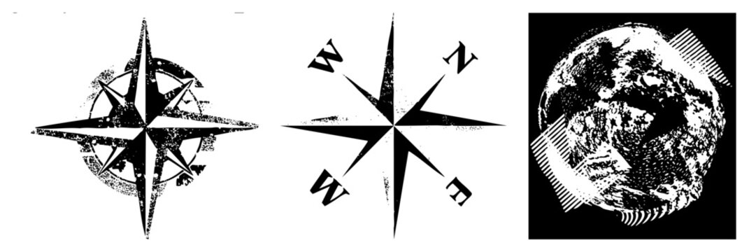 Weathered compass rose, vintage windrose symbol, distressed globe ideal for map design, travel branding, or maritime themes using vector art.