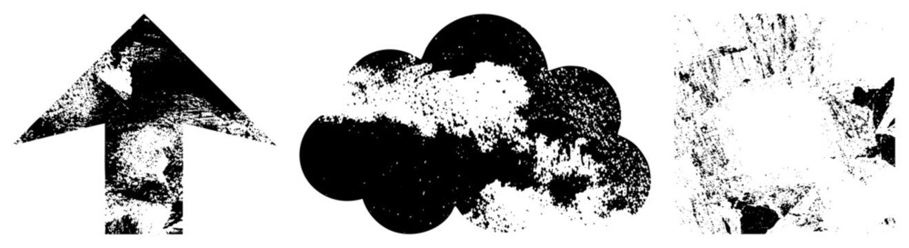 Rugged halftone vector symbols featuring directional arrow, cloud formation, and sunburst ideal for weather, navigation, or retro UI design.