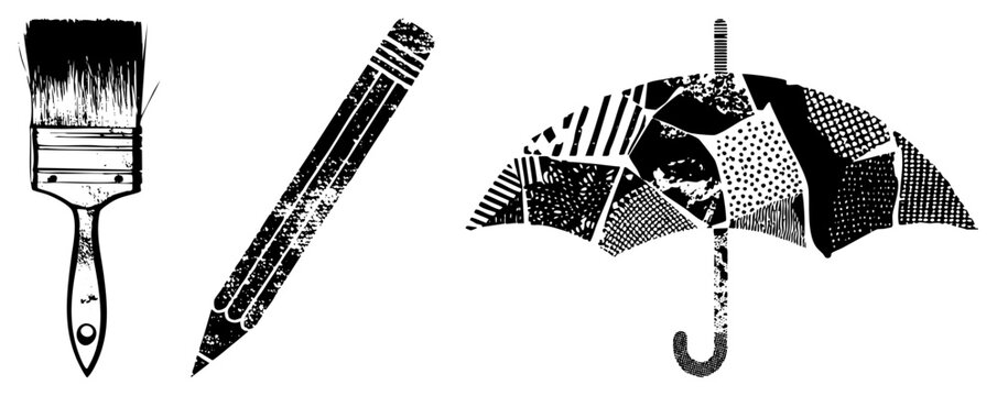 Illustrated art tools paintbrush, pencil, mosaic umbrella also known as drafting tools or design, in high contrast with textured halftone fills.