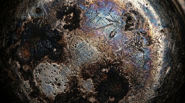 Abstract Tarnished Silver Texture Background, Grunge orroded Metal Surface withIridescent Patina and Scraches
