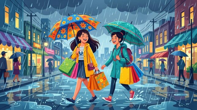 Joyful Shopping Experience on Rainy Day with Colorful Umbrellas