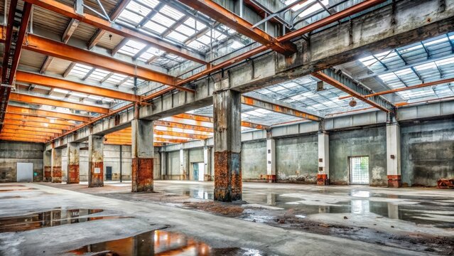 A photo of a dilapidated industrial hall with peeling paint and rusting steel beams being rejuvenated by the application of thick, gray sprayed concre