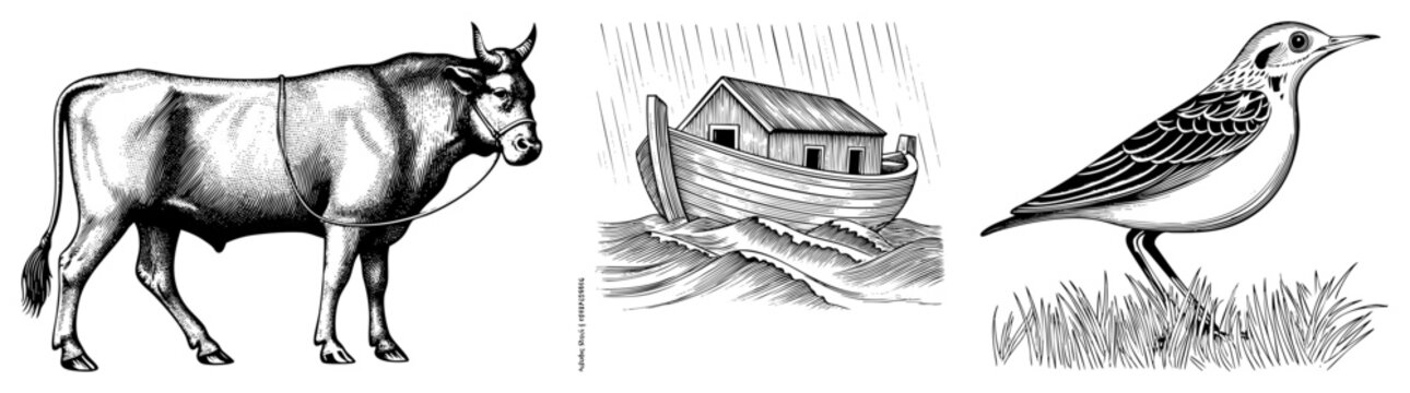 Classic art depicting a horned bovine, floating dwelling, and perched avian rendered in scratchboard or woodcut technique, with and stippling for texture.