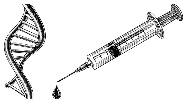 Hypodermic syringe injecting genetic material, gene vector delivery, biotech research tool, molecular medicine device, lab equipment graphic.
