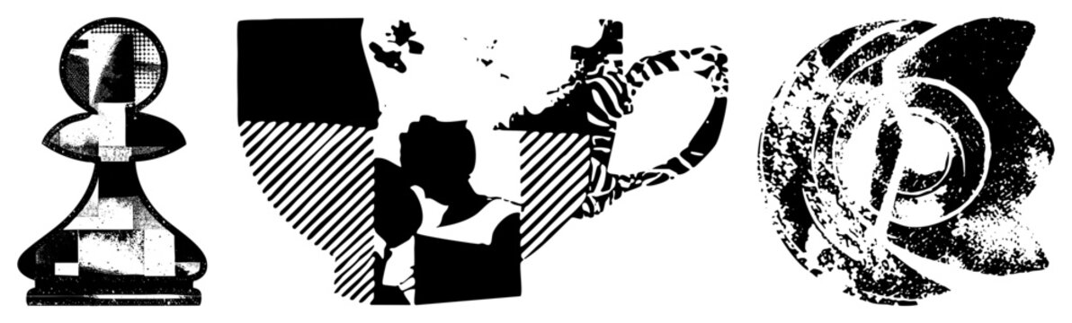 Stylized pawn using halftone and cutout shapes, modern graphic symbol for strategy games or digital interfaces.