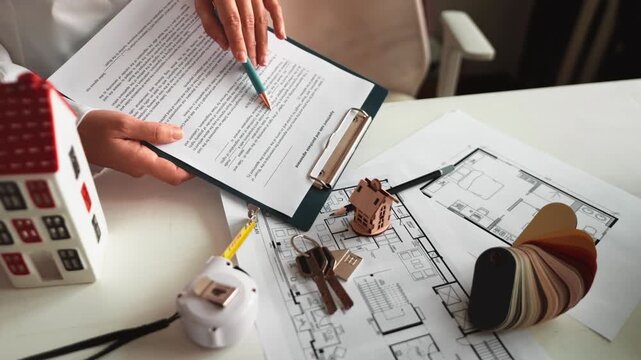 Hands holding property contract above house plans with keys, model home and color samples on desk. Real estate purchase, mortgage agreement and interior design planning concept for buyers.
