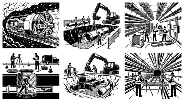 Tunnel Boring Machine, Construction, Excavation, Pipes, Engineering, Black  White Line Art