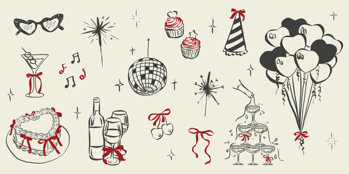 Birthday party set in hand drawn coquette style. Whimsical celebration sketch collection for girls bachelorette. Trendy art for invitation and banner for carnival. Doodle vector illustration