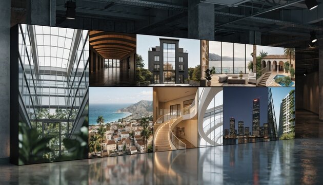 Medium perspective of a multiscreen videowall arranged in a grid each screen focused on different property visuals while the surrounding space fades softly out of focus.