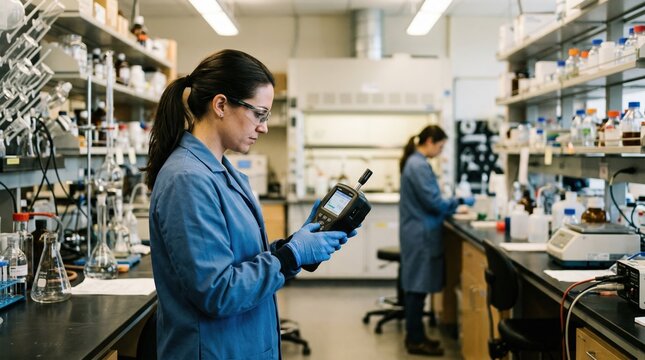 Medium shot of a technician measuring indoor particulate levels with a handheld device sharply focused against a blurred laboratory background.