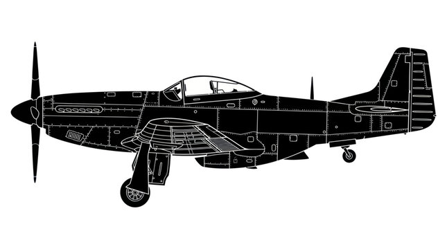 WWII P-51 Mustang Fighter Plane Silhouette Vector Art - Aviation Military History